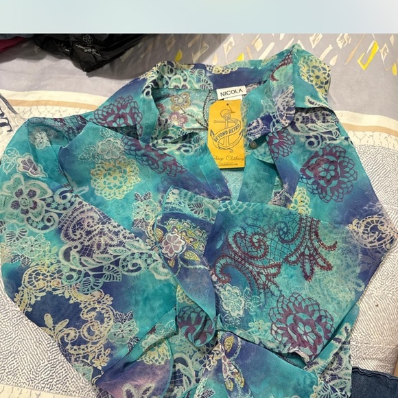 NICOLA Turquoise and Purple Lace Pattern Button Down Shirt - Picture 3 of 8